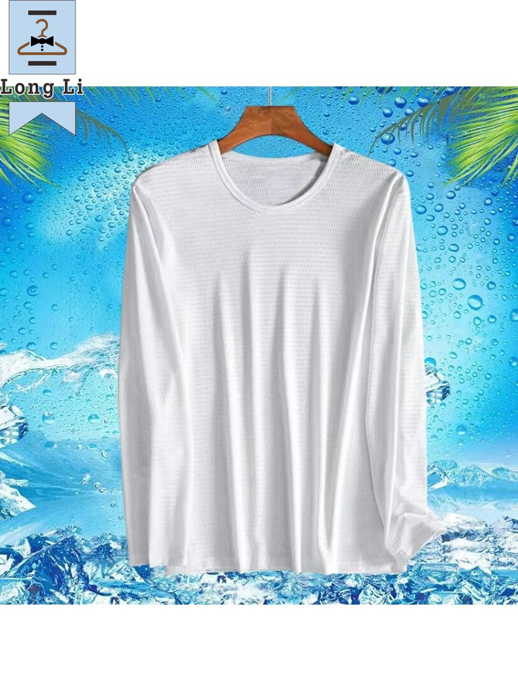 T-shirt à manches longues en soie glacée pour homme, fin, respirant, anti-UV, séchage rapide, idéal pour le travail en extérieur et la climatisation