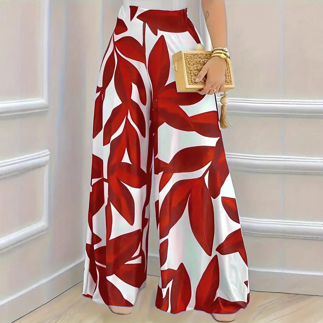 Pantalon Boho pour femmes, mode élégante, ample, jambes larges, imprimé feuilles blanches et bleues, confortable, décontracté, Long, vêtements pour femmes