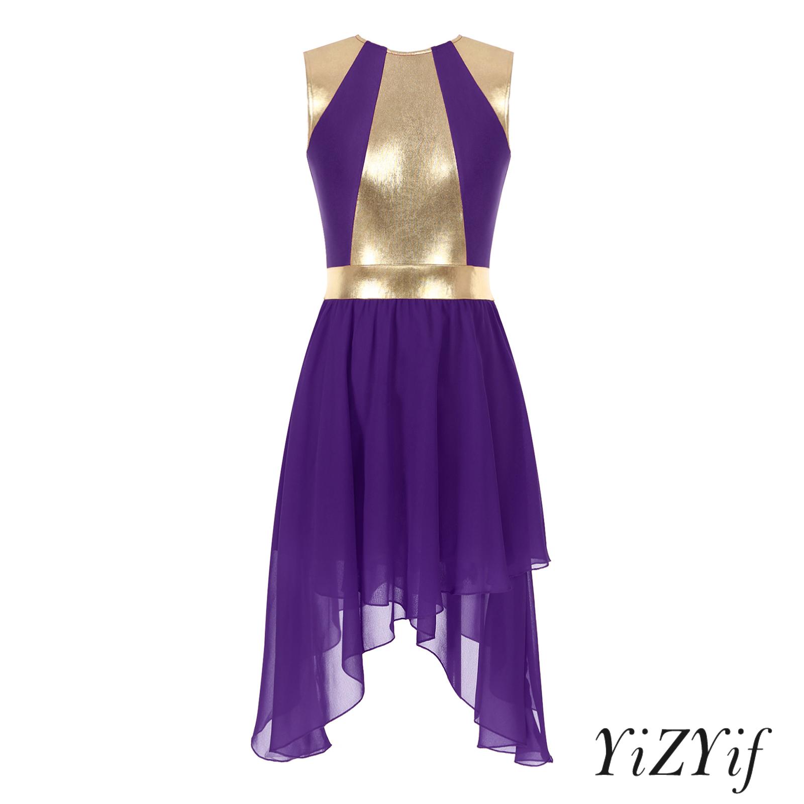 Robe de danse lyrique pour femmes, jupe asymétrique en mousseline de soie, Patchwork métallique brillant, fermeture éclair Invisible pour la compétition sur scène de bal