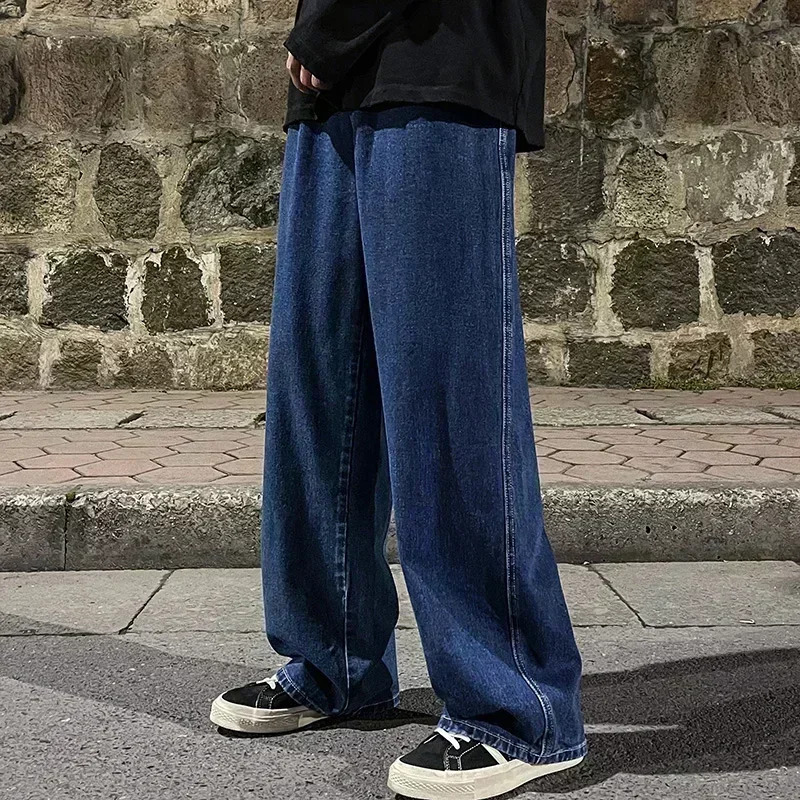 Jean pour hommes Version coréenne étudiant pantalons décontractés haute rue droite ample jambe large jean noir gris bleu Baggy jean