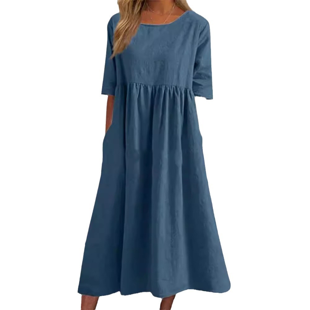 Robes pour femmes 2026 : Nouvelle robe décontractée en coton et lin à manches courtes, plissée, ample, col rond, avec poches – Vêtements féminins