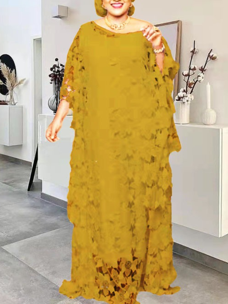 Femmes Robe en dentelle ample fête longue avec doublure col rond poignet manches chauve-souris mode confortable décontracté féminin Robe de dame africaine