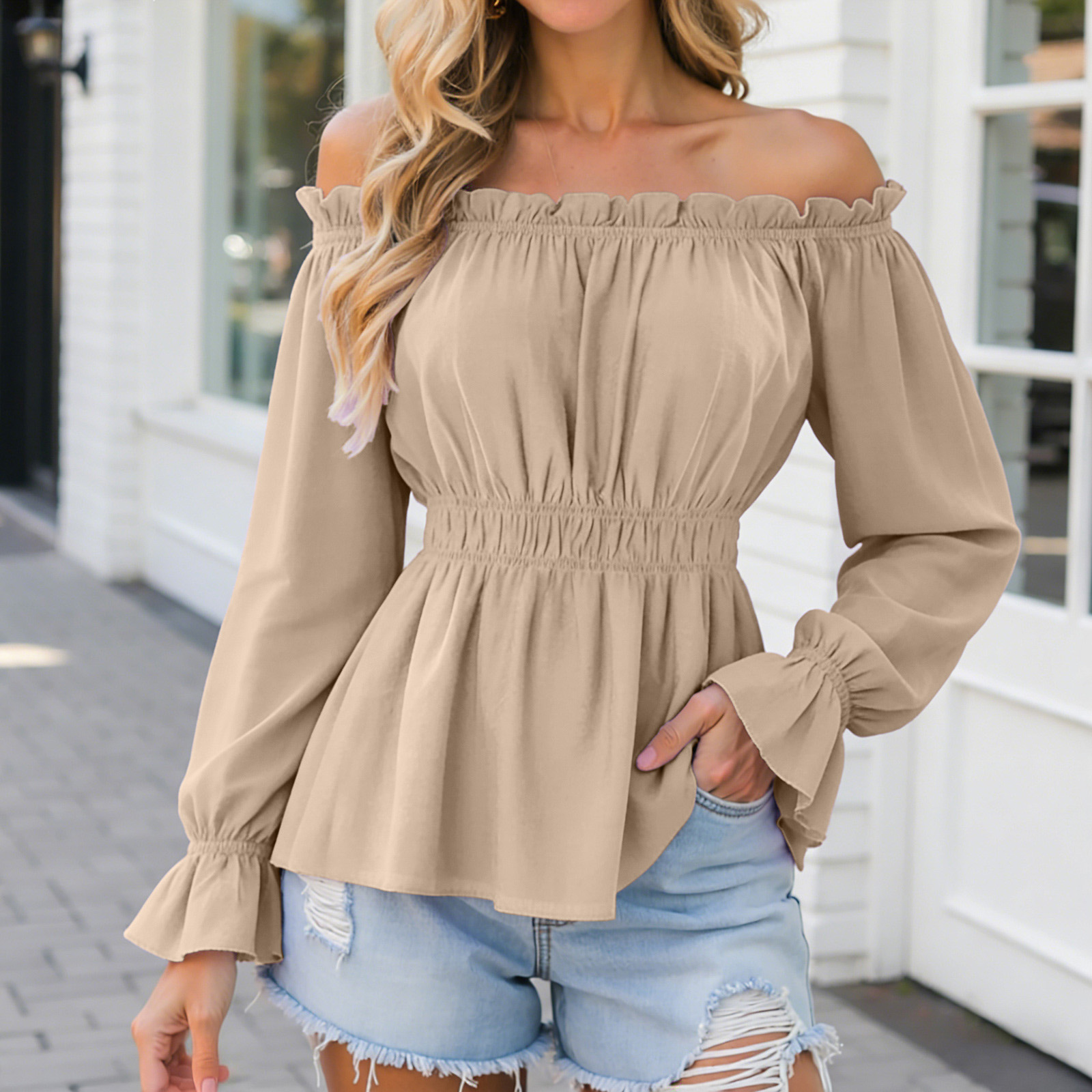 Chemisier Élégant Femme Bohème, Hauts et Blouses d'Été à Épaules Dénudées, Manches Longues à Volants, Taille Cintrée, Couleur Unie, Style Décontracté, Blusas