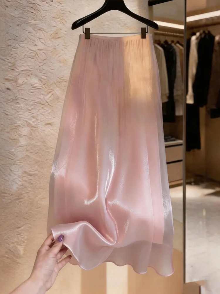 Jupe longue rose élégante pour femme, style doux et tendance, en tissu perlé, coupe ample, taille haute, chic d'été, style preppy, jupe de danse Ins