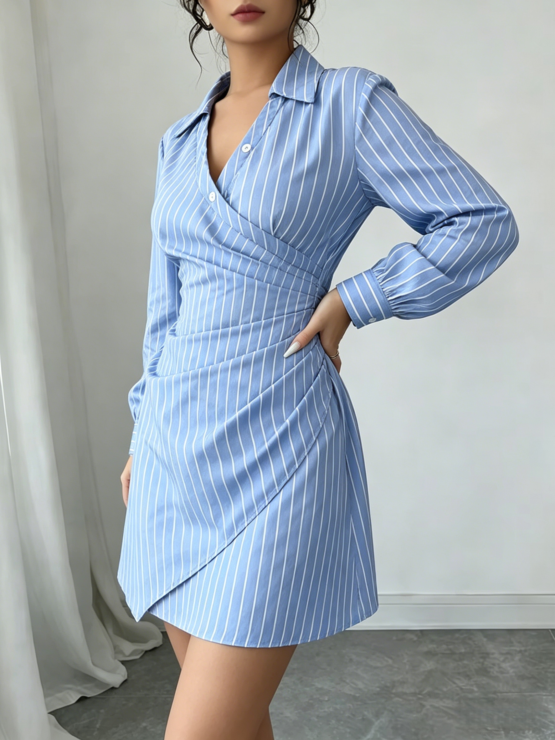 Robe Mini Chic Rayée à Col V et Fronces pour Femme – Nouvelle Collection Printemps-Été – Style Preppy Idéale pour le Bureau, les Rendez-vous et les Tenues Habillées