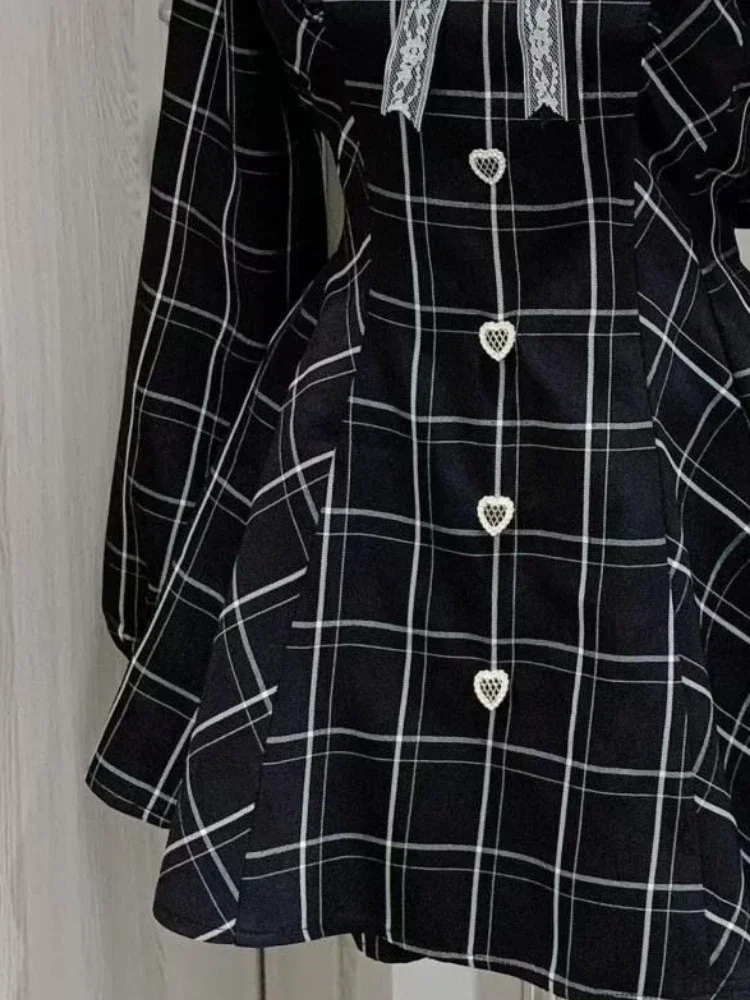 Robe à carreaux en dentelle douce pour femmes, fée japonaise, Patchwork, Kawaii Grunge, à volants, manches longues, Y2k, esthétique JK Lolita