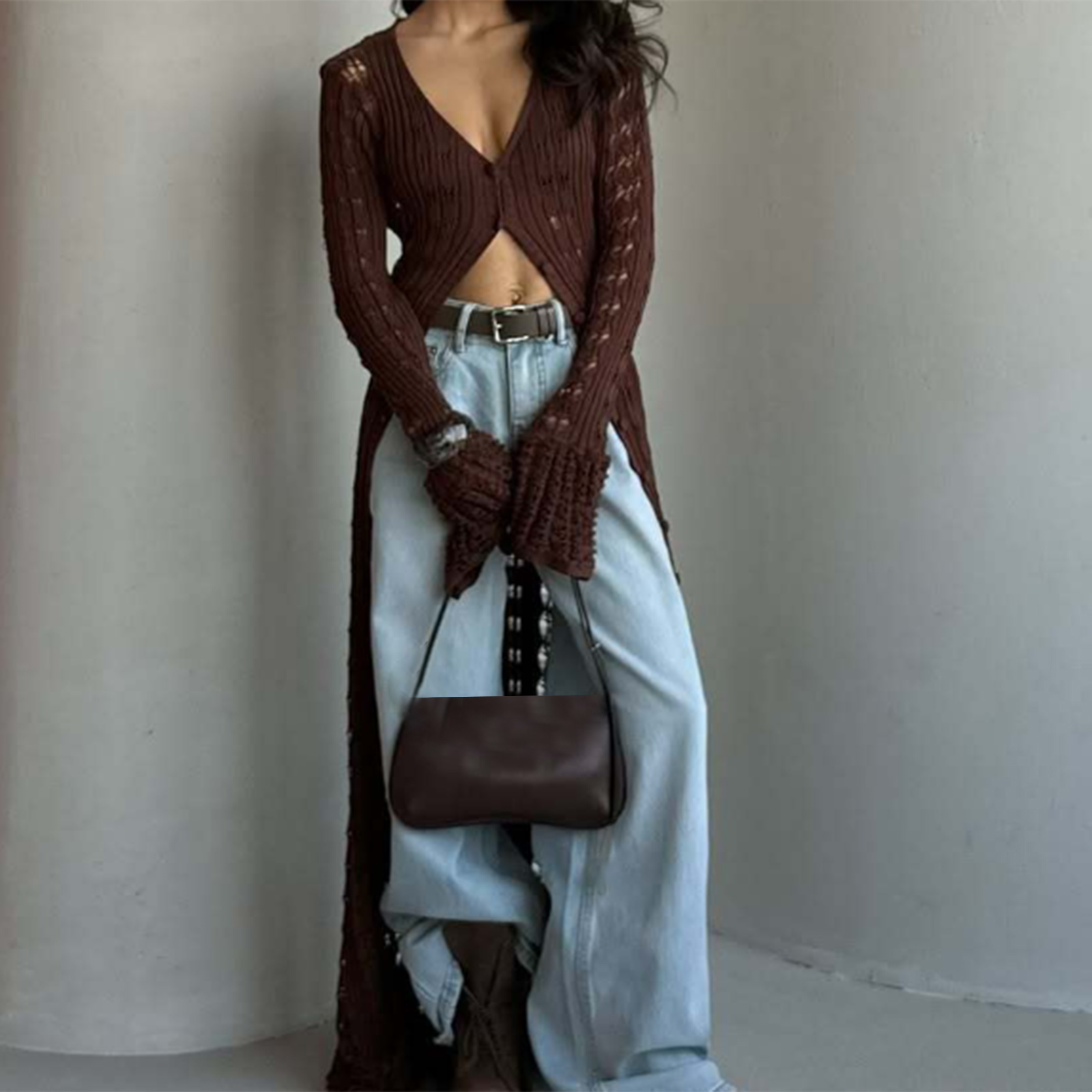 Cardigan Long pour femmes, mode Y2K, coupe cintrée, ouvert sur le devant, boutons, pull ajouré, col en V, manches longues, hauts tricotés, vêtements