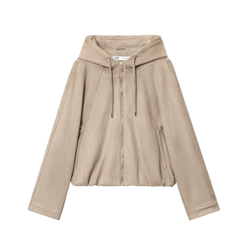 Veste à capuche zippée décontractée bicolore pour femme - Sweat à capuche en faux daim pour le printemps, style simple et polyvalent pour les sorties quotidiennes, les trajets domicile-travail et l'école