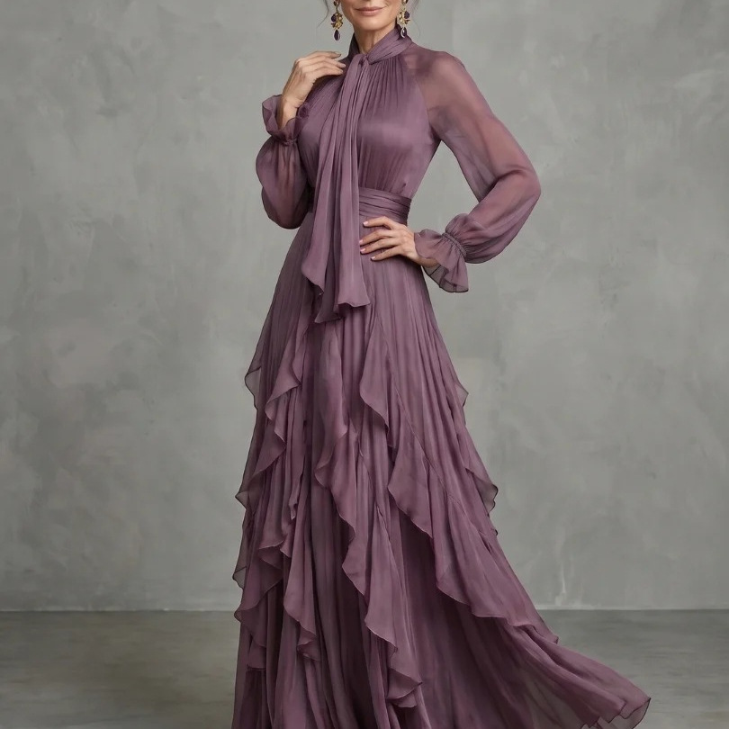 Robe longue chic 2026 violette à volants, manches longues, coupe ajustée, robe de soirée tendance Y2K, grande jupe évasée, robe de fête maxi, Vestidos