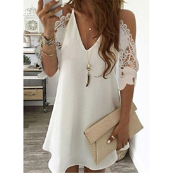 Grande taille Sexy robe à épaules dénudées femmes Vintage dentelle florale demi manches Mini robes décontracté fronde col en V plage robes de soirée