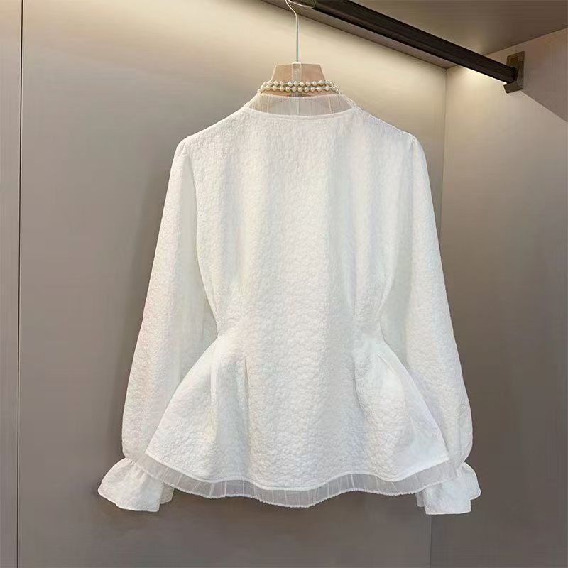 Chemisier Chic et Élégant à Manches Longues pour Femme, Nouvelle Collection Automne, avec Dentelle et Col en V, Coupe Cintrée pour une Silhouette Raffinée