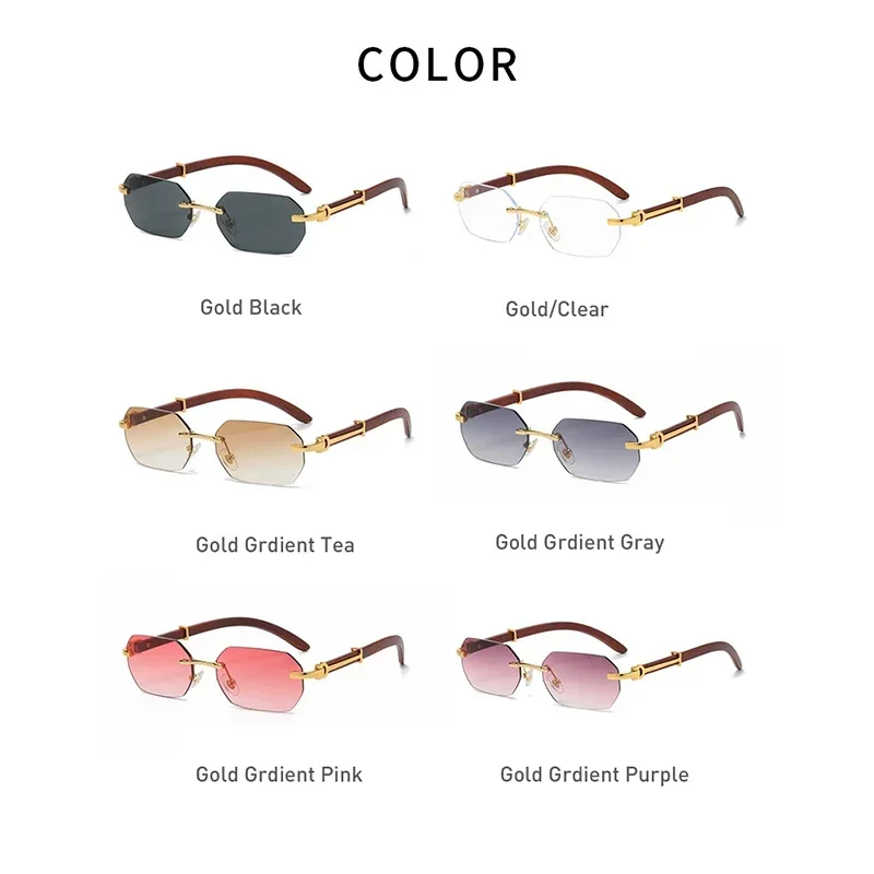 Lunettes de soleil sans monture à la mode pour hommes et femmes, monture rectangulaire en bois, nuances rétro, lunettes de voyage d'été UV400