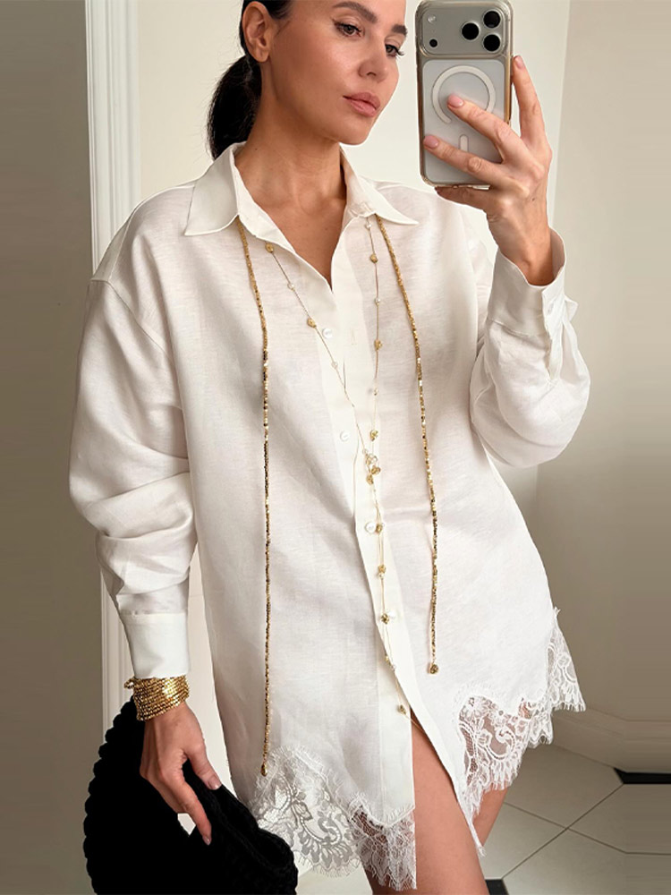 Ensembles décontractés chemises amples et shorts pour femmes, avec revers et patchwork en dentelle, taille élastique, tenues chic pour vacances à la plage été 2026