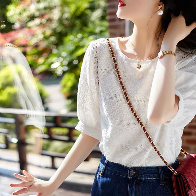 Mode été nouvelle broderie coton dentelle col rond Blouses décontractées nouveau coréen femmes lanterne manches chemises amples vêtements hauts Chic