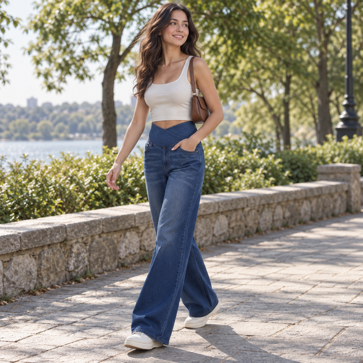 Pantalon en jean délavé taille haute à coupe large pour femme, style décontracté, extensible et doux, longueur complète