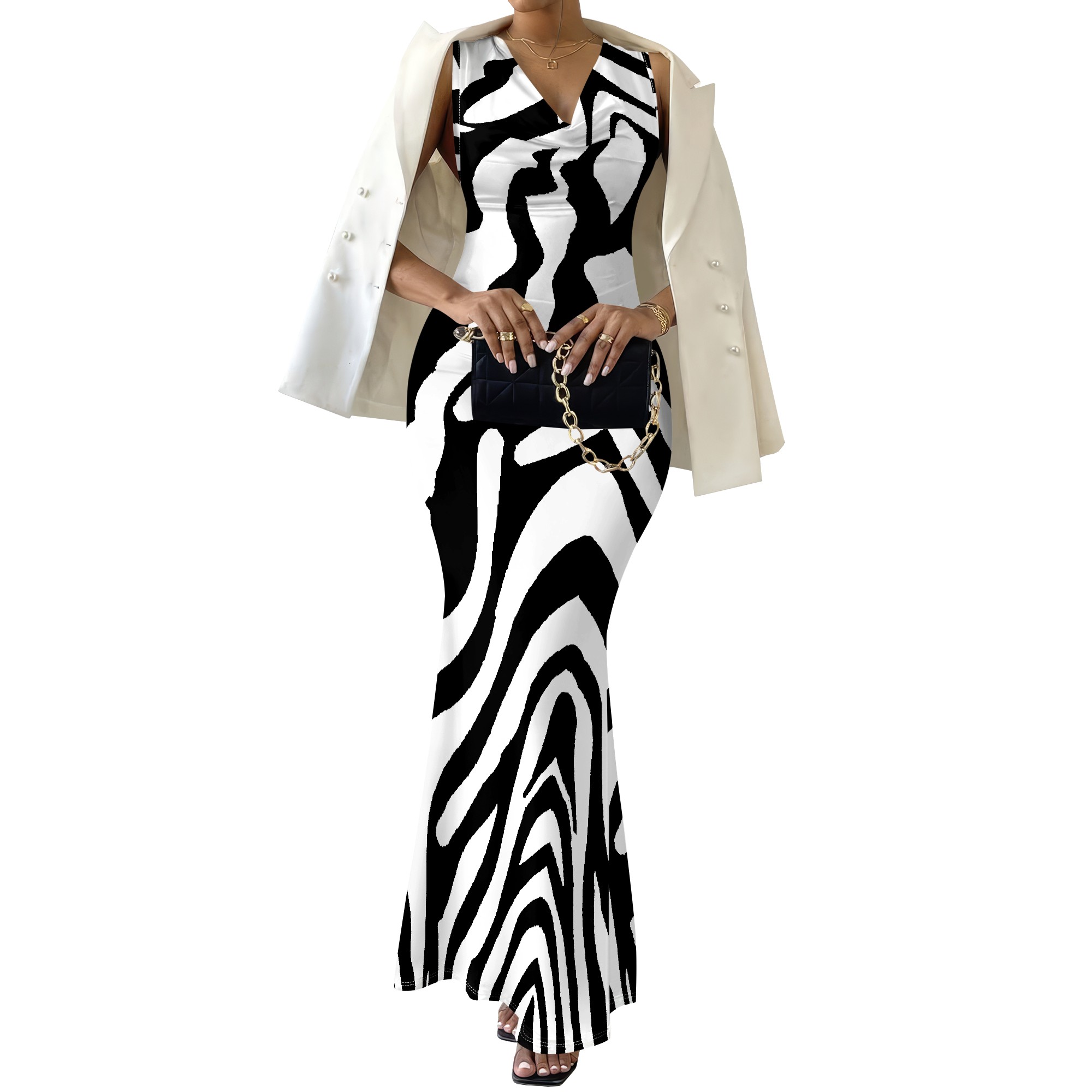 Robe Maxi à épaules dénudées pour femmes, tenue décontractée et Sexy, colorée, géométrique, tenue de soirée artistique, col pivotant