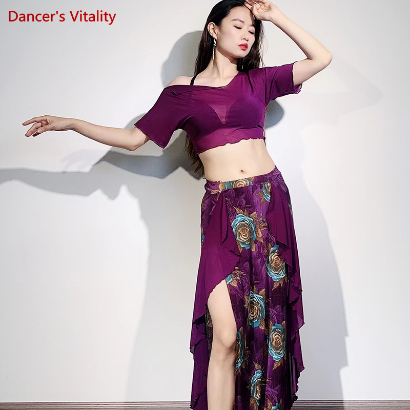 Vêtements d'entraînement de danse du ventre pour femmes, costume de danse du ventre en maille, haut à manches courtes + jupe longue imprimée, tenue de danse orientale féminine