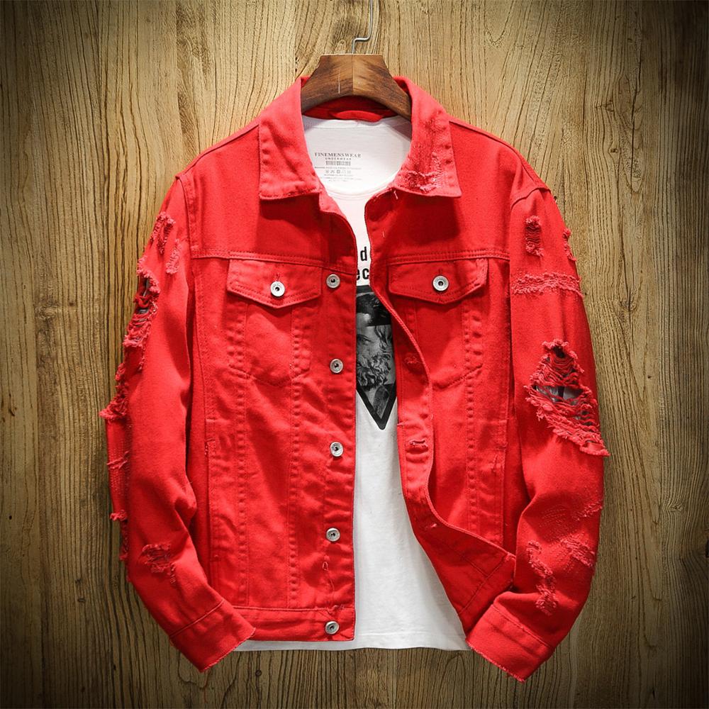 Nouvelle Veste en Jean Homme Printemps-Automne Coupe Slim en Coton Denim Blanche Déchirée avec Trous Manteau Jean Homme Vêtement d'extérieur Jeunesse Homme 6XL