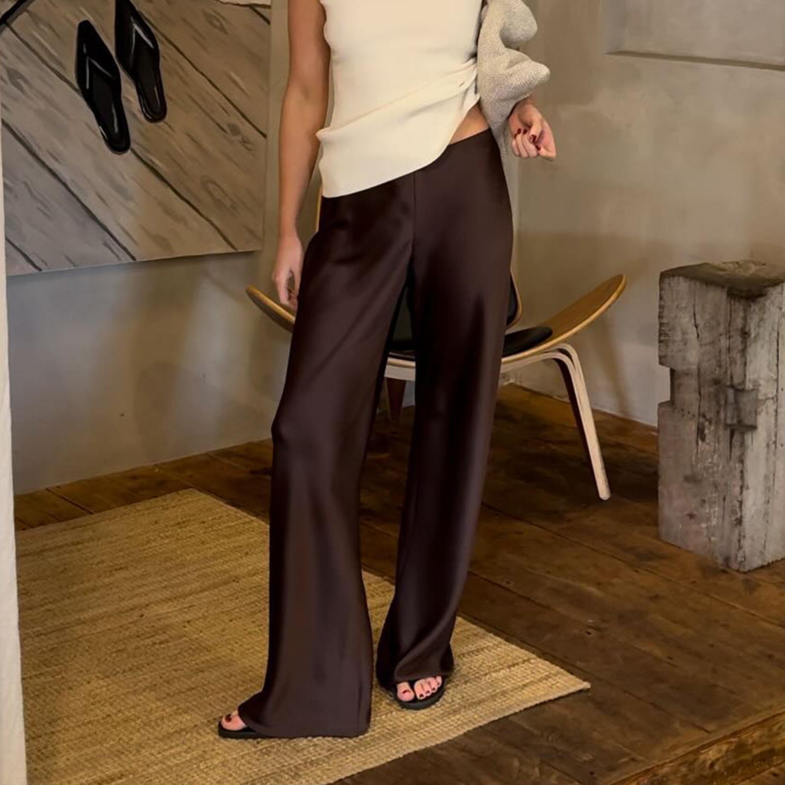 Pantalon de robe élégant pour femme en satin couleur unie, coupe large, taille élastique, coupe ample, long, style rétro années 00, streetwear