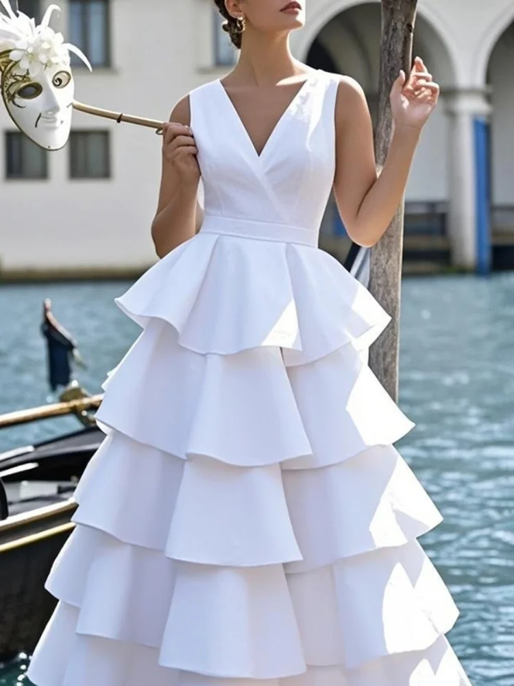 Nouvelle Robe Longue Femme 2026 – Robe Décontractée d'Été pour Femme avec Volants Superposés, Col en V, Sans Manches, Taille Haute – Tenue de Soirée