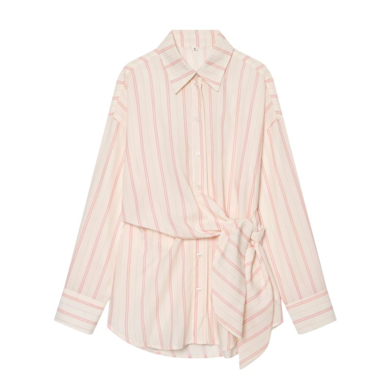 Chemisier rayé pour femme Nouvelle collection Printemps 2026 à manches longues, col en V, avec poche et décoration de nœud, coupe ample