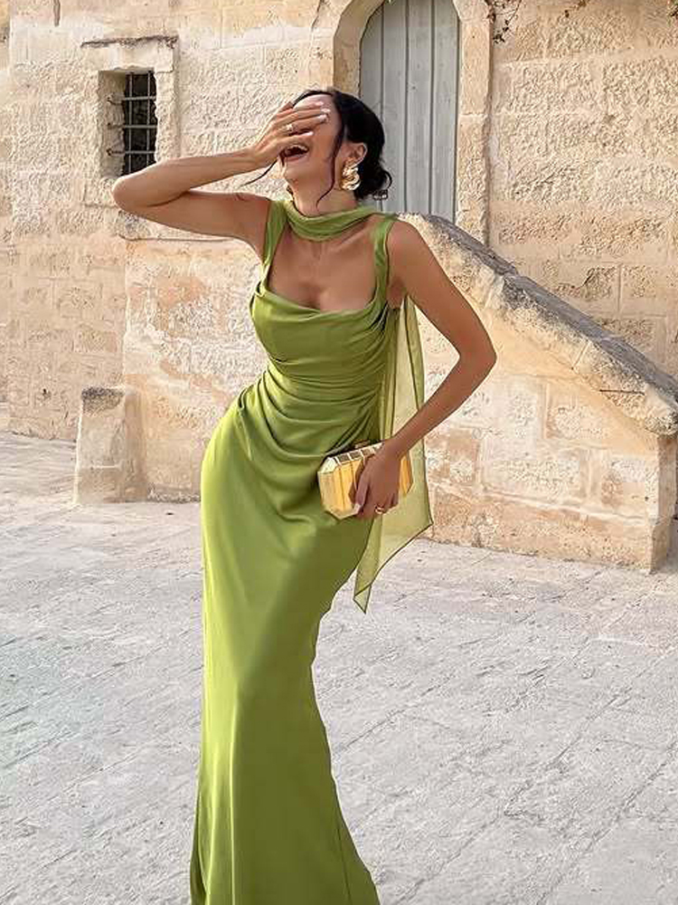 Robe longue plissée à col écharpe pour femmes, élégante, Sexy, couleur unie, sans manches, épaules dénudées, Slim, robe de soirée, 2026