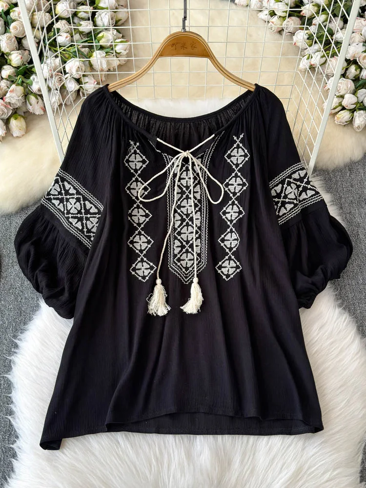 Chemisier d'été pour femme, style ethnique vintage, brodé, chemise à manches courtes pour voyage, en coton et lin, nouveau modèle BL033