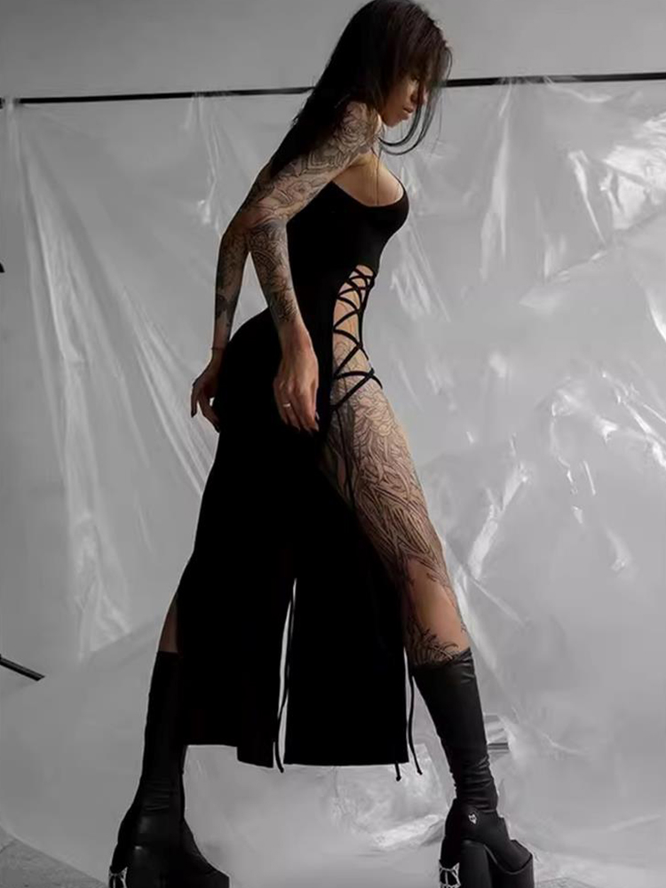 Robe d'été Sexy pour femmes, mode, fente haute, Slim, noire, 2025