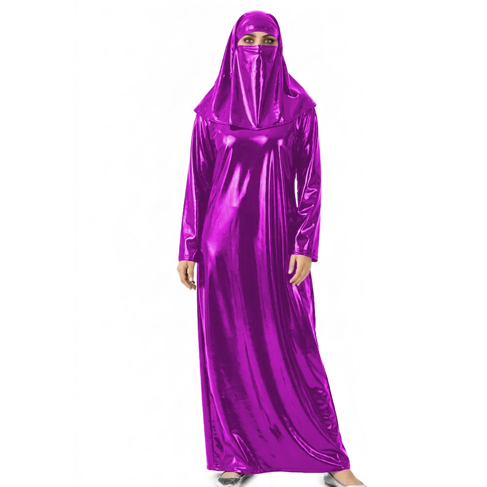 Abaya brillante effet mouillé pour femme avec voile intégré, robe longue en cuir PVC pour Halloween, événements cosplay et occasions à thème