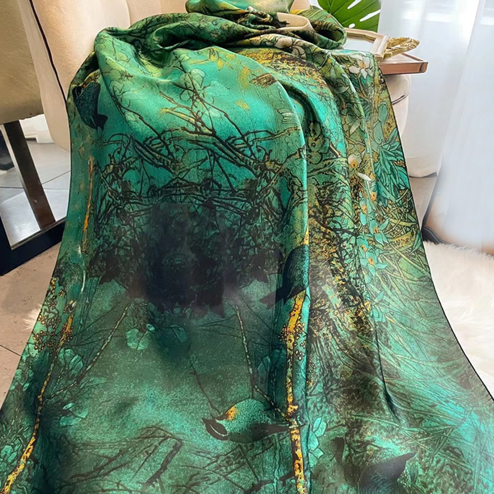 Écharpe de luxe en soie verte 85*180cm pour femme, douce et lisse, foulard, hijab, écharpe d'extérieur, châle long, serviette de plage