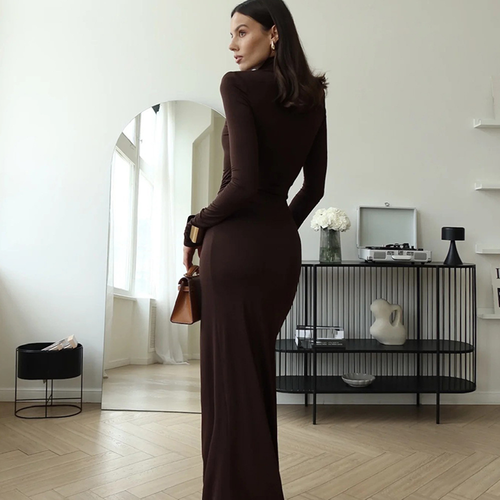 Robe élégante à col roulé et courbe marron pour femme, Sexy, manches longues, épaulettes, soirée, serrée, élastique, nouvelle collection hiver, noir