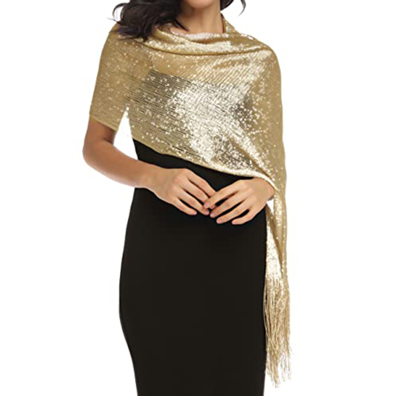 Écharpe en dentelle dorée et argentée brillante avec pompons, châle de protection solaire, hijab tendance, foulards brillants pour femmes, pour soirée, robe de soirée, ou usage quotidien