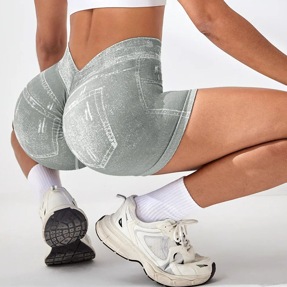 Faux jean élastique pour femmes, dos en V, pantalon de sport, d'entraînement, de Yoga, de levage des fesses, Fitness, athlétique, collants courts sans couture