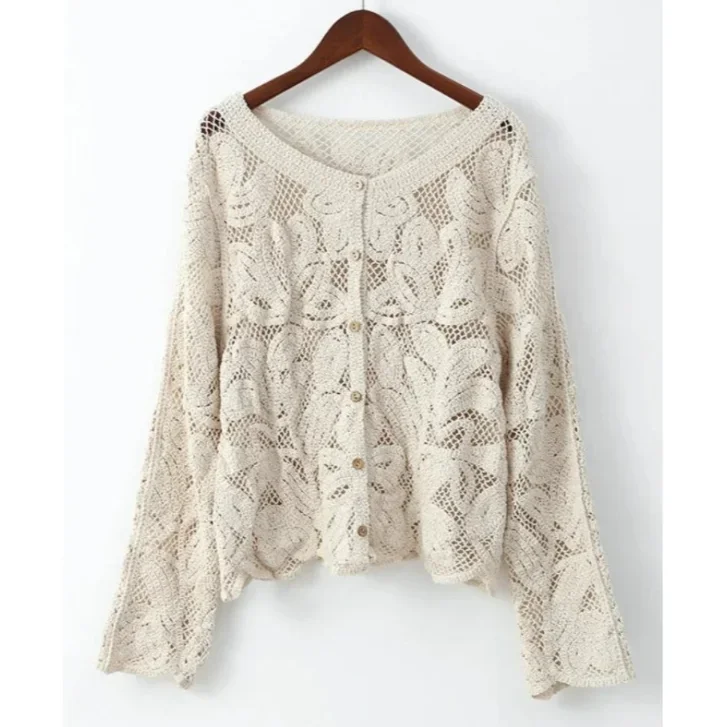 Veste en dentelle bohème à fleurs pour femmes, vêtements d'extérieur décontractés, manches longues, Boho, Vintage, automne, plage