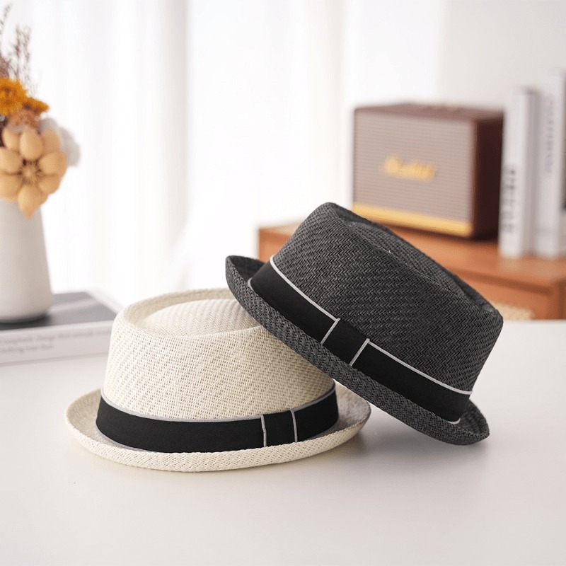 Chapeau de jazz respirant en paille tressée à bord court, style britannique, avec un ruban noir tissé et un motif de chapeau haut-de-forme