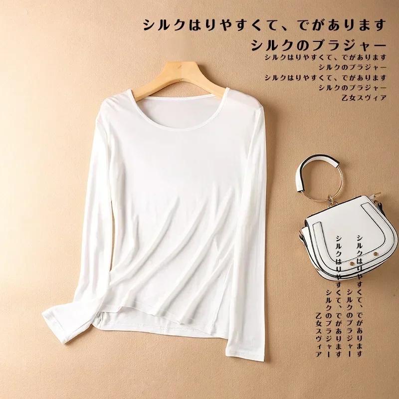 30% soie de mûrier + 70% Vicose élastique haute élasticité femmes soie tricoté col rond coupe ajustée chemise de fond dames maillots de corps