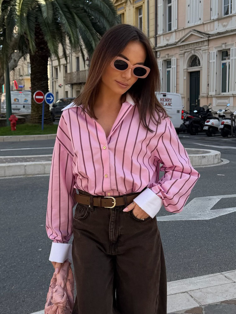 Chemisier décontracté rose rayé à revers et manches longues pour femme, élégant et polyvalent, style printemps