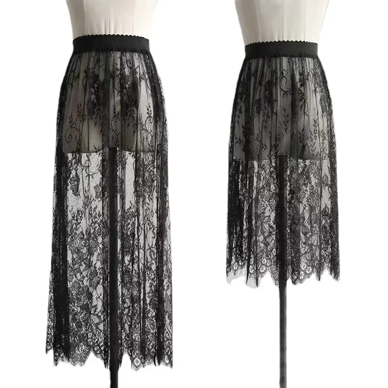 Jupe longue élégante noire en dentelle blanche transparente, jupe longue en tulle, jupe midi de plage à taille haute élastique pour femmes, livraison directe