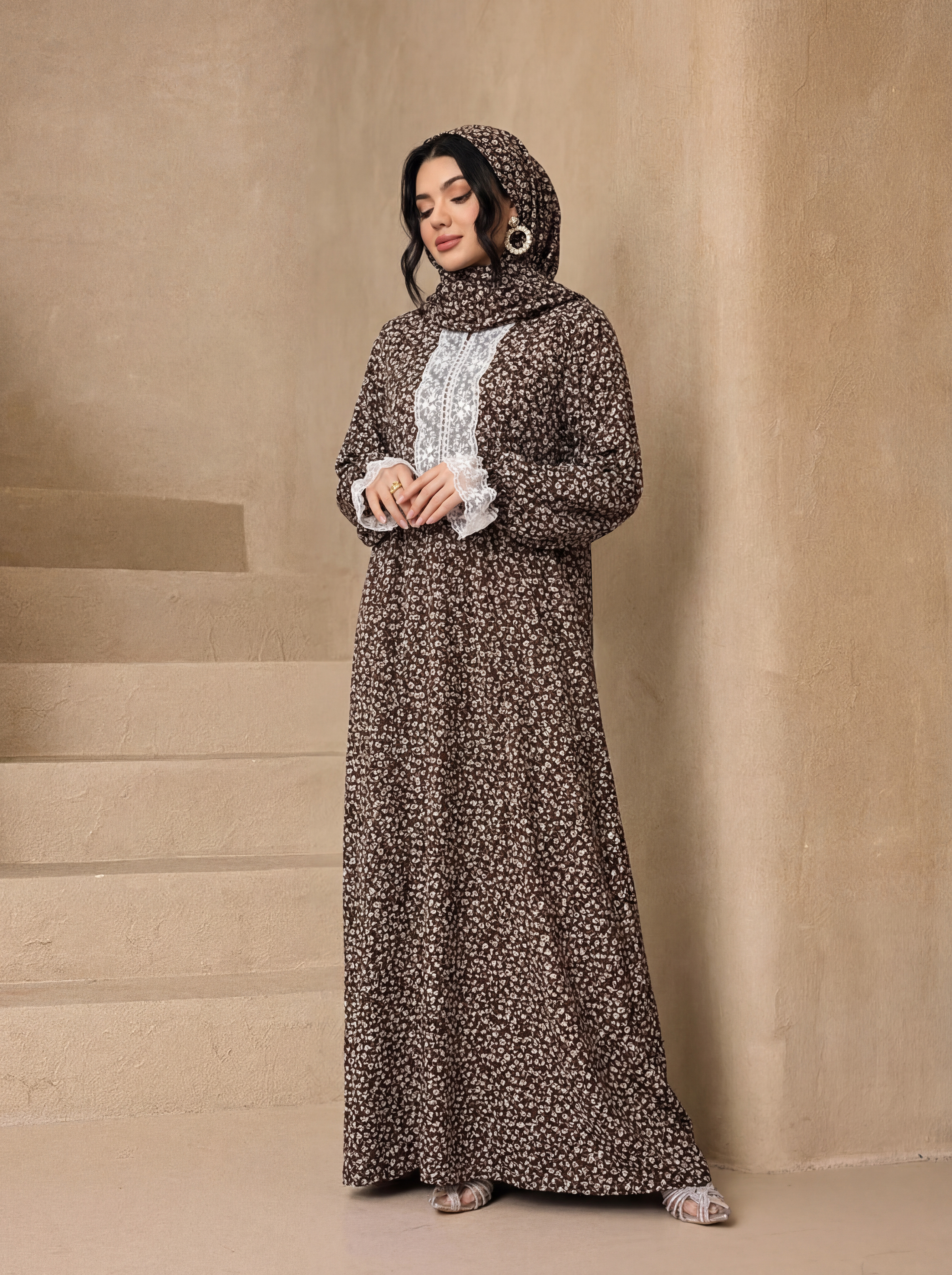 Abaya à panneaux en dentelle florale Ditsy avec hijab assorti, robe longue modeste à manches longues pour femmes musulmanes, tenue de prière quotidienne