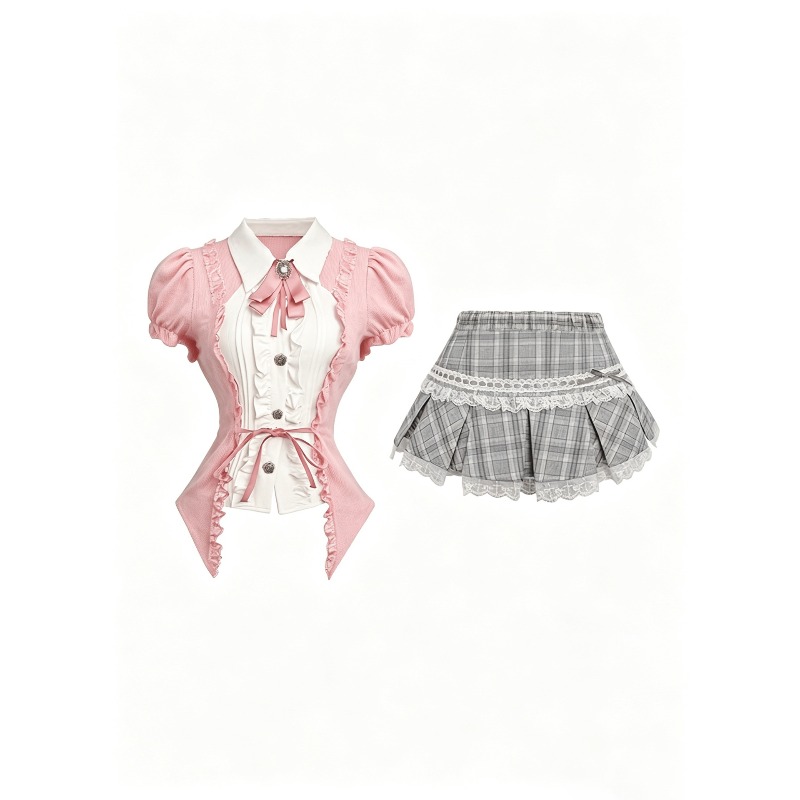 Nouvel ensemble de costumes de cosplay Lolita sexy : chemise à taille haute et jupe courte à carreaux avec dentelle, idéal pour les soirées à thème et les jeux de rôle pour femmes