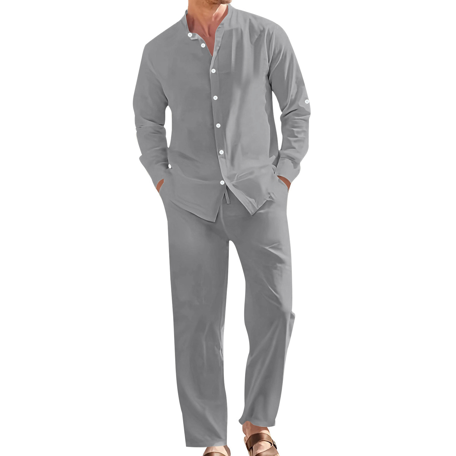 Ensemble décontracté en lin pour homme, chemise à col montant + pantalon ample