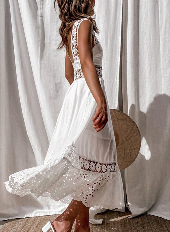 Robe femme blanc évider coton robe d'été dentelle sans manches longue épissage été fête élégante soirée femme jupe vêtements