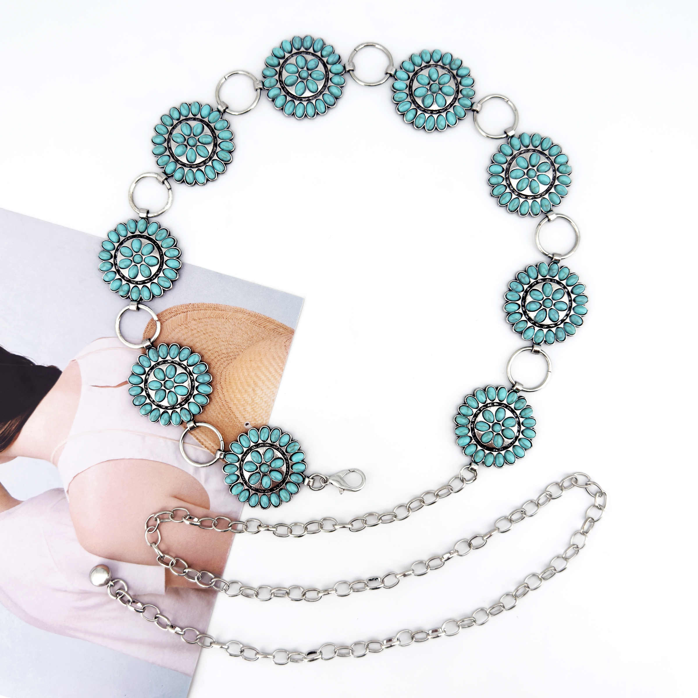 Ceinture ethnique ronde style western tendance pour femme, incrustée de turquoise ; polyvalente pour robes, jeans, mode Y2K et avant-gardiste