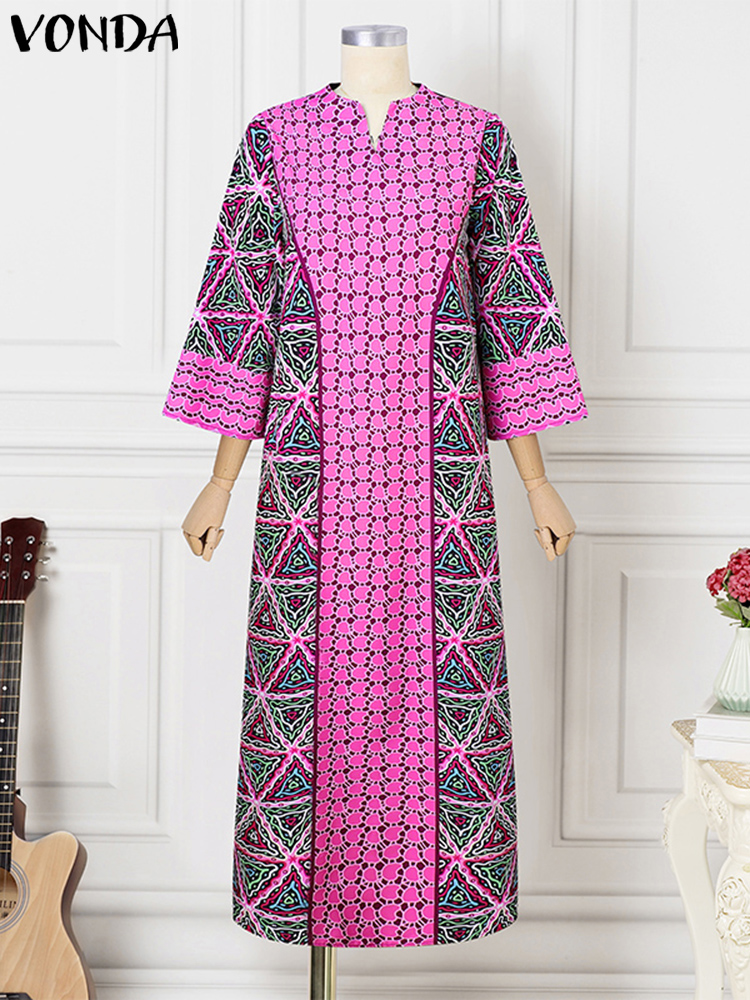 Femmes imprimé fleuri Robe Maxi 2025 VONDA automne à manches longues ample longue Robe bohème robes surdimensionné col en v Robe d'été Baggy