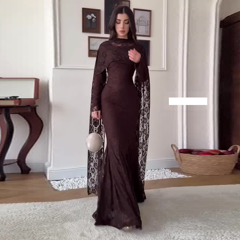 Robe longue femme en dentelle, coupe trapèze, col rond, manches longues, style sirène, élégante, ajustée, pour soirée et mariage 2026