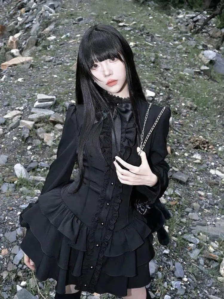 Robe Gothique Punk à Volants et Manches Évasées avec Nœud sur le Devant, Mini-Robe à Étages Style Gothique Vintage Américain Années 2000, Vêtement Décontracté Streetwear pour Femme 2026