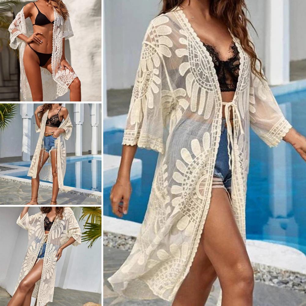 Fleur dentelle couvertures maillots de bain blanc Cardigan plage couvertures pour maillots de bain femmes sorties de bain tenues solide tricoté porter couverture