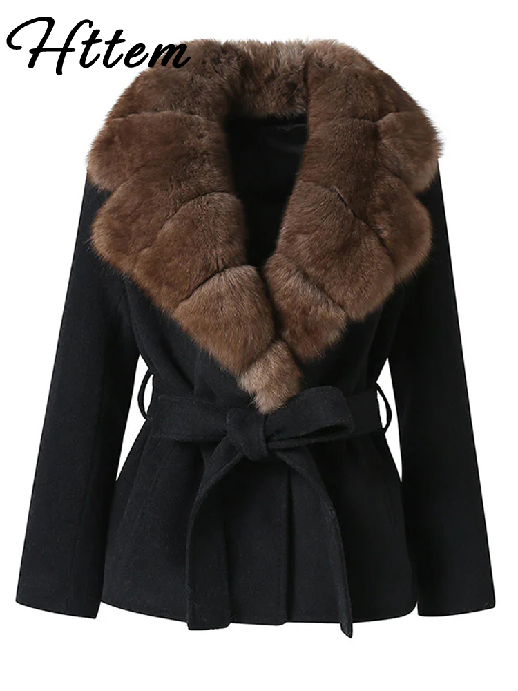 Manteau en laine à lacets en fausse fourrure pour femme, élégant, col châle, ceinture, taille, manches longues, mode automne hiver, vêtements d'extérieur pour dames
