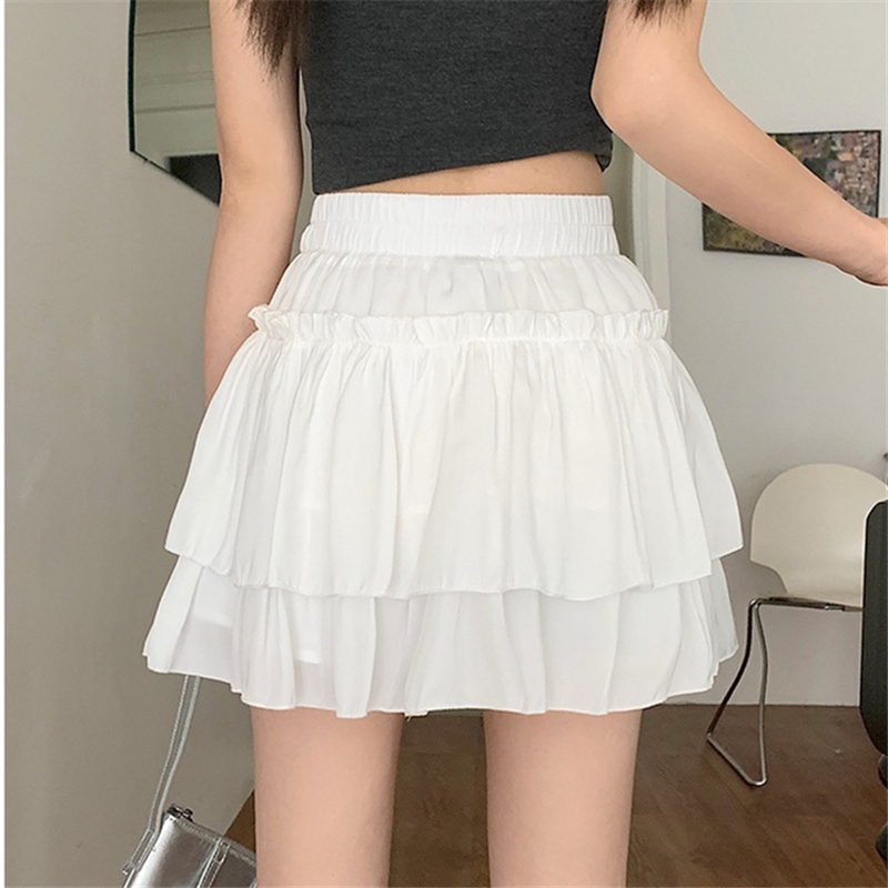 Été Kawaii blanc volants jupe femmes mode coupe ajustée en mousseline de soie Mini jupes Giris Y2k tout Match élastique taille haute noir Faldas
