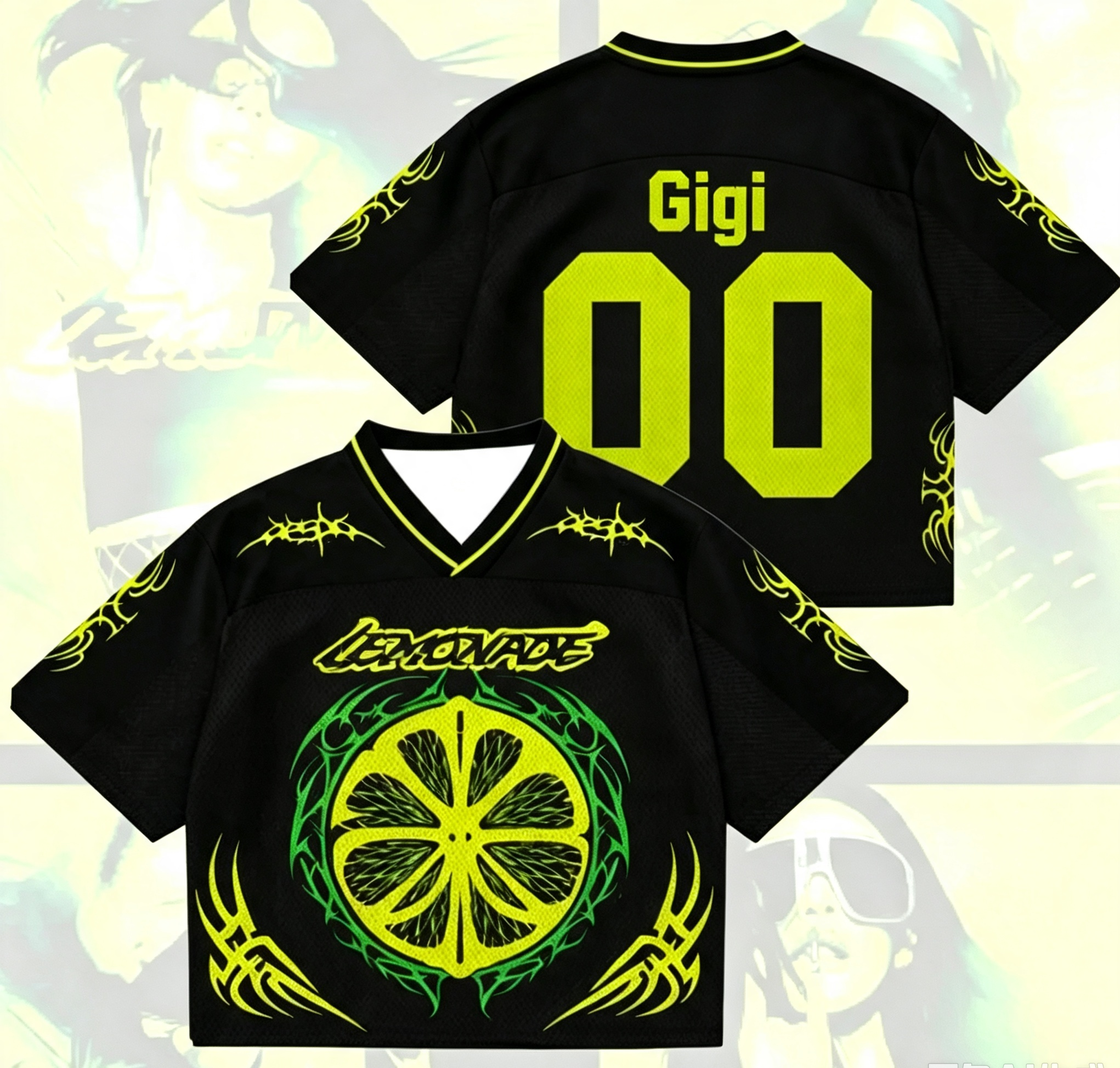 Maillot de football court imprimé citron K‑POP Y2K, en maille de polyester respirante, à manches courtes, streetwear, col en V, hauts de sport unisexes